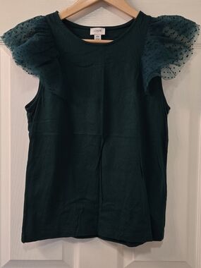 J. Crew Dark Green Sleeveless Top with Sheer Polka-Dot Ruffle Sleeves